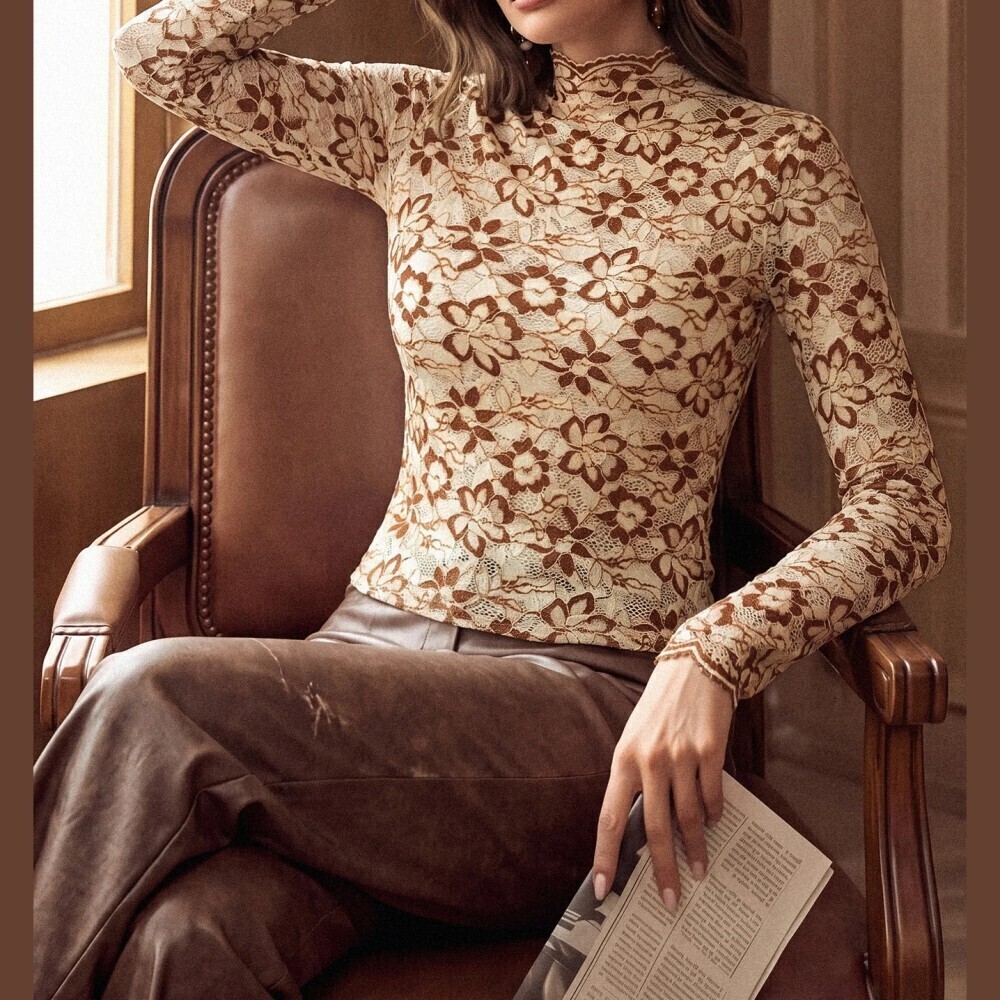 Cream Brown Floral Lace Mock Neck Long Sleeve Slim Fit Top